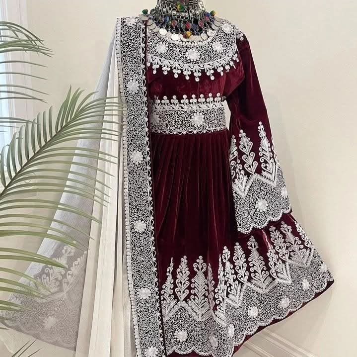 Maroon Velvet Embroidered Formal Dress