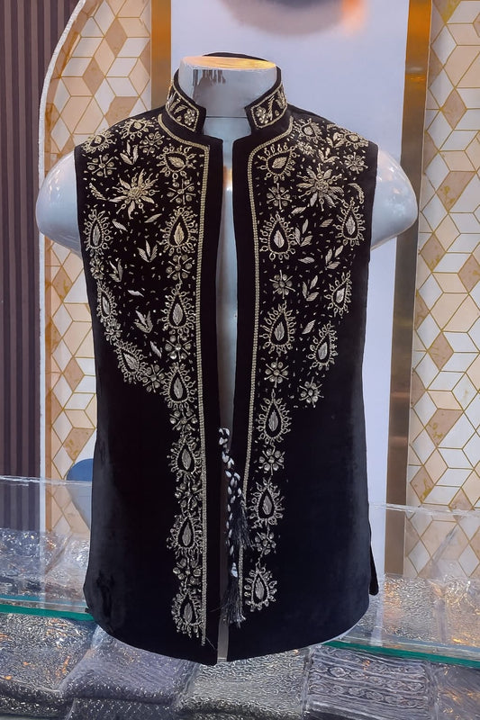 Black Velvet Heavy Embroidered Waistcoat
