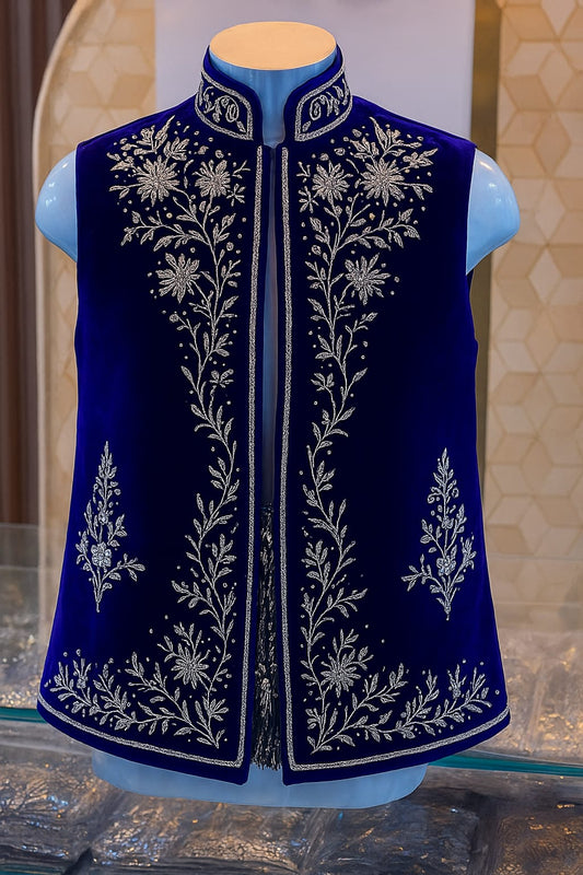 Royal Blue Velvet Embroidered Waistcoat