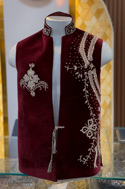 Maroon Velvet Embroidered Waistcoat