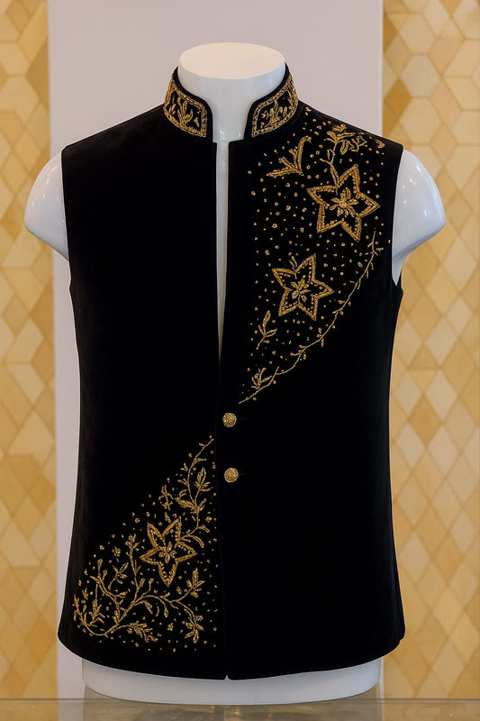 Black Velvet Golden Embroidered Waistcoat